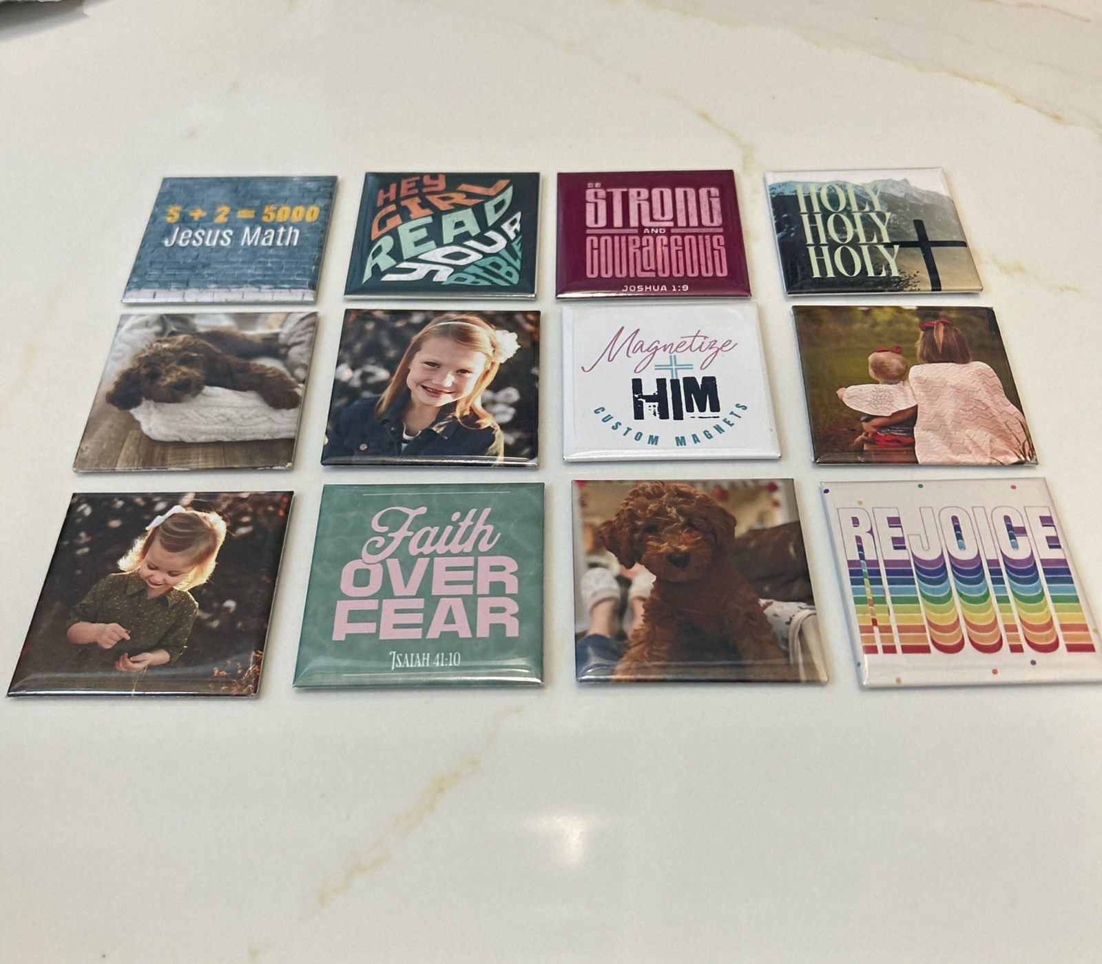 Set of custom magnets with various designs, including your photos and our faith-filled designs.