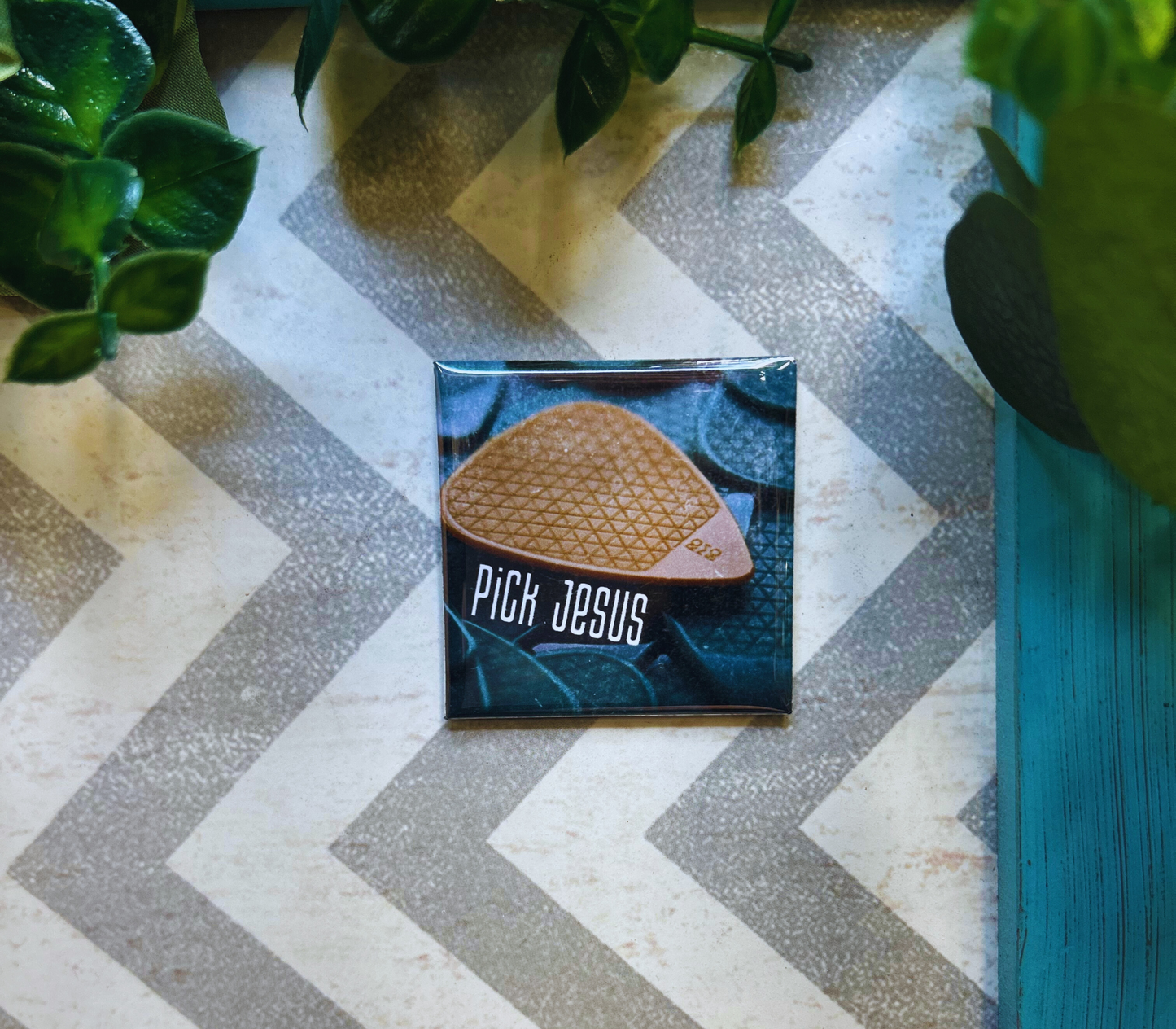 Scripture design drop refrigerator magnet with 'Pick Jesus' text. 